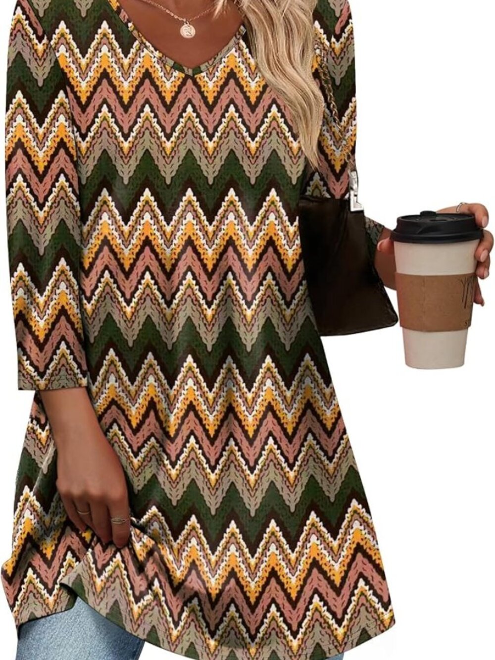 3/4 Length Sleeve Chevron Print V-Neck Womens Dressy Casual Tunic Sz.3XL LNC